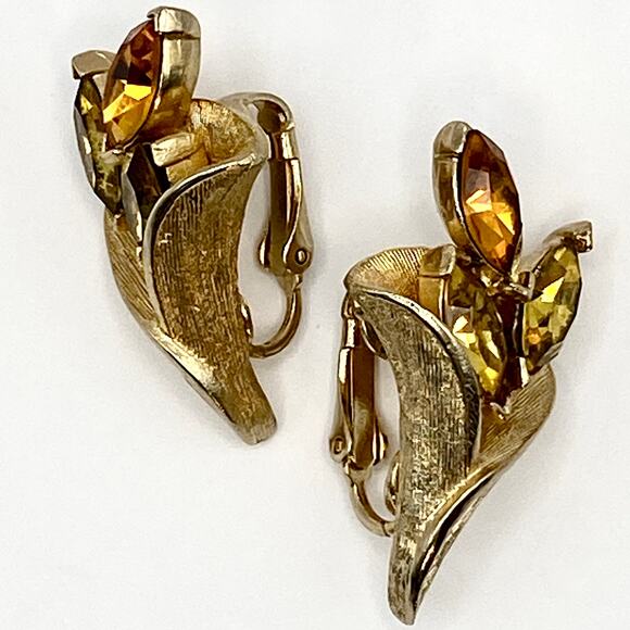 Vintage CORO Floral Clip On Earrings Yellow Rhinestone Crystal 10K GP Signed